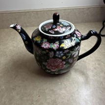 Vintage Zhongguo Jingdezhen &quot;Millefleur Famille Noire&quot; Black Floral Rose Teapot - £33.55 GBP