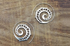 Swirl Tribal Creole Earrings, Spiral Hoop Silver Earrings, Ethnic Ear Hoops - £14.38 GBP