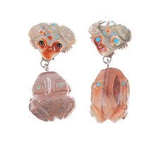 Large Zuni sterling carved frog fetish clip-on earrings - £217.35 GBP