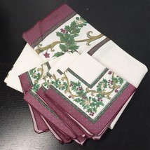 9pc Round Tablecloth &amp; Cloth Napkin Set w/ Purple Gold Holly Vines - Holiday - £11.96 GBP