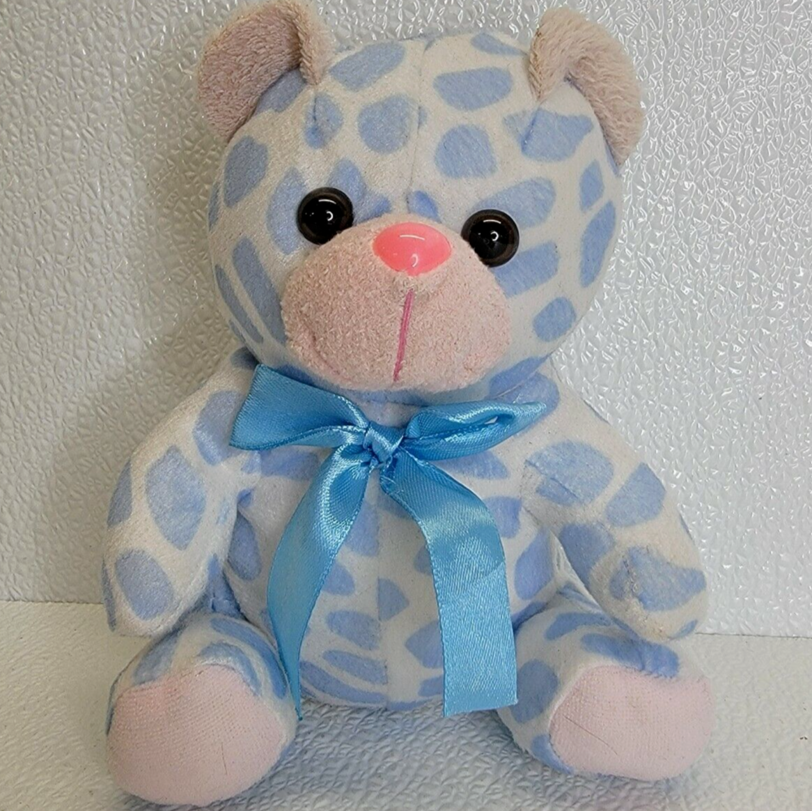 Teddy Bear Blue White Spot Plush Stuffed Toy Animal Ribbon - Puli International - £8.72 GBP