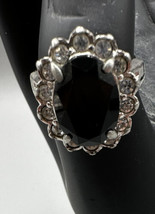 Ring Silver Tone Black Glass Stone Pronged Faux Diamonds Size 6.5 - £4.71 GBP