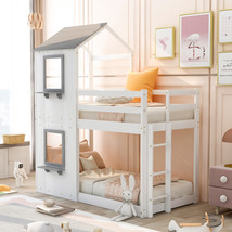 Twin Over Twin Bunk Bed Wood Bed with Roof, Window, Guardrail Ladder White - £467.26 GBP