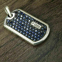Engagement Pendant Dog Tag Pave Set 3.1Ct Blue Round Diamond 925 Sterling Silver - £113.19 GBP