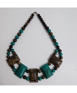 Large Chunky Teal Green Brown Rectangle Beaded Statement Necklace Stone ... - £10.88 GBP