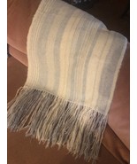 Handwoven Mohair Snow White Shawl with Powder Blue and Silver Stripes - $41.38 CAD