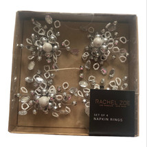 Rachel Zoe Beaded Napkin Rings Rhinestone Set of 4 Silver White 4&quot; Wired... - $48.88