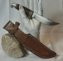 Western L66 D  Fixed Blade Hunting Knife Stacked Leather Handle &amp; Sheath - £31.62 GBP