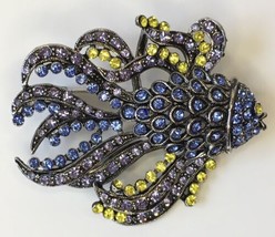 Vintage OPCKR Tropical Fish Rhinestone Brooch Pin Signed Blue Yellow - $35.99