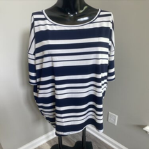 LulaRoe MEDIUM~IRMA Tunic Top Striped Slinky Navy Off-white Hi-low - £13.41 GBP