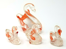 Figurines Swan and Babies Small Orange Tipped Clear Glass Vintage Set of 4  - £11.83 GBP