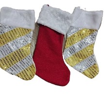 3 Christmas Stockings Yellow &amp; White Simulated Sequins &amp; Red &amp; White New... - $14.42
