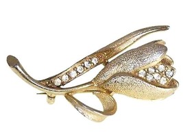 Vintage RETRO  Brooch BSK Rhinestone Golden Tulip 1950S - $29.83