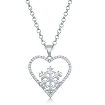 Sterling Silver Clear CZ Heart with Center Snowflake Pendant Necklace - £22.47 GBP