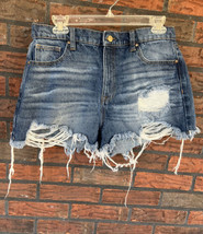 High Rise Denim Shorts 11 Cut Offs Raw Edge Distressed 100% Cotton Mom Nobo - $4.75