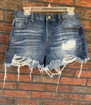 High Rise Denim Shorts 11 Cut Offs Raw Edge Distressed 100% Cotton Mom Nobo - £3.79 GBP