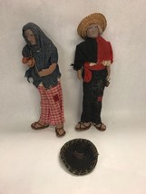 Pair Dolls Antique Mexican Man woman Clay face sandals Hat couple - £40.47 GBP