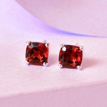 Gift 7MM Cushion Lab-Created Garnet Solitaire Stud Earrings in Real 925 Silver - £30.60 GBP