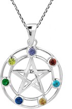 Multicolor Modern Pentagram Cubic Zirconia .925 Sterling Silver Pendant Necklace - £90.27 GBP
