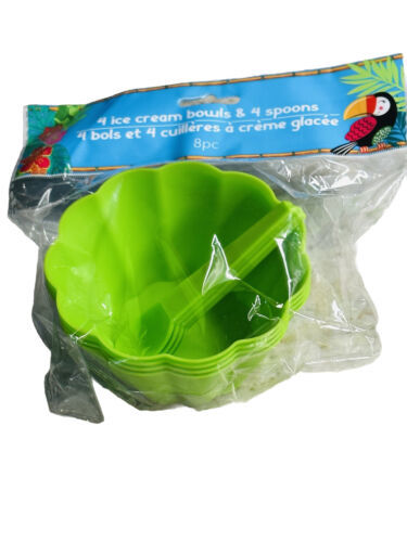 Tiki Beach Bash Luau 8 PC SET 4 ICE CREAM BOWLS 4 SPOONS Green  PLASTIC ... - $15.72
