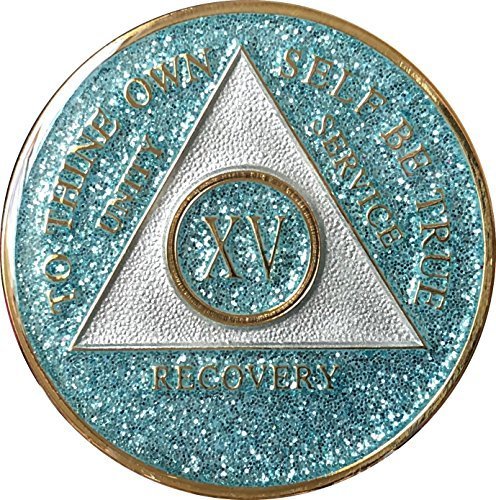 15 Year AA Medallion Aqua Blue Glitter Tri-Plate Turquoise Bling Bling Chip XV