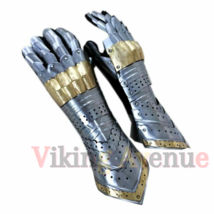 Medieval Gauntlet Gloves Armor Pair Brass Accents Knight Crusader Steel Sca larp - £60.90 GBP