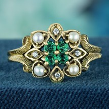 Natural Emerald Pearl Diamond Vintage Style Floral Cluster Ring in Solid 9K Gold - £722.91 GBP
