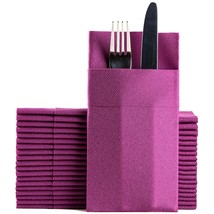 Purple Dinner Napkins Cloth Like With Built-In Flatware Pocket, Linen-Fe... - $49.99