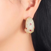 3 Ctw Lab Created Ruby &amp; Diamond 14K Yellow Gold Plated Half Moon Hoop Earrings - £116.54 GBP