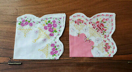 Vintage Set of 2 White w/ Purple &amp; Pink Floral Cotton Handkerchiefs - £11.62 GBP