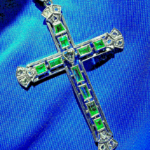 Earth mined Emerald Rose cut Diamond Antique Cross Vintage Deco Pendant 14k GOLD - $9,963.32 CAD