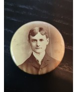 Antique Celluloid Photo Button Pendant 1900s Young Man Mourning Photo - $46.54