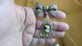 CA30-7) Rare African American Lady Purple White Cameo Brass Bow Drop Pin Pendant - £26.58 GBP