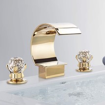 Fuz Polished Gold Bathroom Faucet 3 Hole Dual Crystal Knobs Widespread 3... - $116.99
