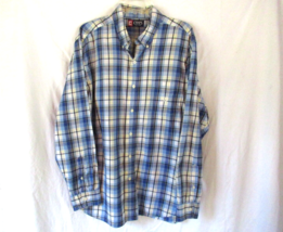 Chaps men&#39;s shirt button up XL blue white plaid long sleeve 100% cotton - $14.65