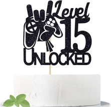 Video Game Level 15 Unlocked Birthday Cake Topper Black Glitter Boy&#39;s NEW - £10.47 GBP