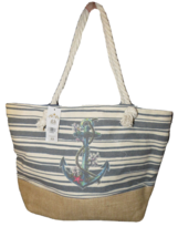 Nautical Anchor Striped Rope Handle Boho Large Tote Bag, Zip Closure - $24.99