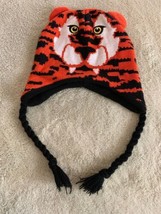 Boys Orange Black Tiger Knit Winter Hat Fleece Lined - £5.08 GBP