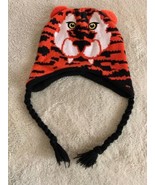Boys Orange Black Tiger Knit Winter Hat Fleece Lined - £5.01 GBP