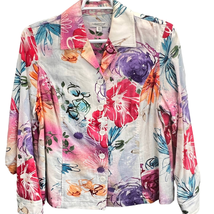 Coldwater Creek Floral Jacket White Multi Size 18 Linen Blend Buttons Co... - $24.77