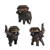 Three Posing Elephants Carved Rain Tree Wooden Candle Holder Set - £19.49 GBP