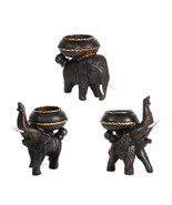 Three Posing Elephants Carved Rain Tree Wooden Candle Holder Set - £19.17 GBP
