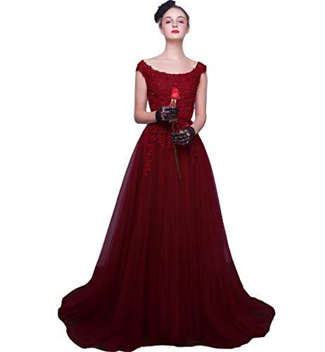 Kivary Cap Sleeves Beaded Lace Appliques Long A Line Prom Evening Dress Burgundy