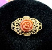 Orange Rose Lapel Pin Vintage Small Brooch Goldtone Filigree 1 1/8&quot; Length - £11.85 GBP