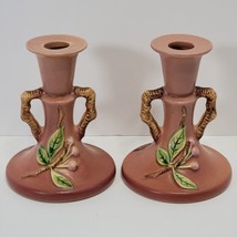 Rare VTG Roseville Pottery 1940&#39;s Apple Blossom Pink 4 1/2&quot; Candle Set 352-4 1/2 - £77.23 GBP