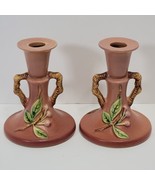 Rare VTG Roseville Pottery 1940&#39;s Apple Blossom Pink 4 1/2&quot; Candle Set 3... - £75.67 GBP