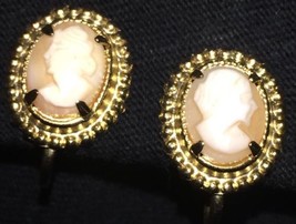 Vintage Coro Handcarved Shell Cameo Screw Back Earrings Oval Woman Girl Profile - £12.54 GBP