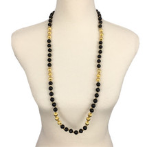 AVON vintage black glass &amp; ribbed gold bead necklace - signed 36&quot; long s... - £11.99 GBP
