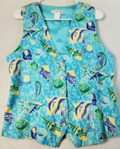 Talbots Vest Womens Medium Blue Fish Print 100% Rayon Sleeveless V Neck Button - £12.53 GBP