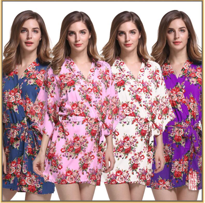 Cheap Floral Printing Sleepwear Short Bridesmaid For Wedding Silk Satin Kimomo  - $18.88